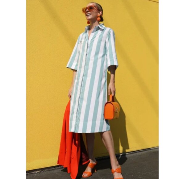 Lake x Atlantic Pacific Marnie Caftan Azure Stripe Night Shirt Dress Cotton - Picture 7 of 9